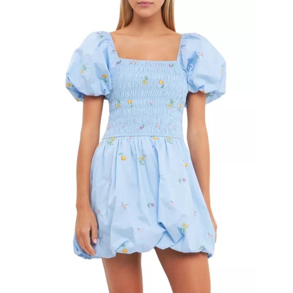 Floral Embroidered Light Blue Smocked Dress with Balloon Sleeves